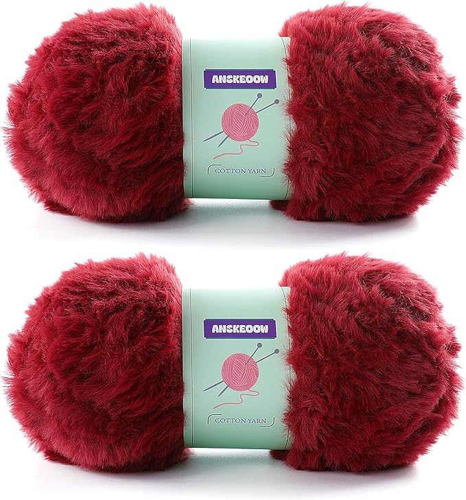 2 Skeins Luxurious Faux Fur Yarn - Soft, Fluffy and Bulky for Crocheting Amigurumi, Hats, Shawls; Velvet Textured, Total Length 71 Yards (Wine Red)