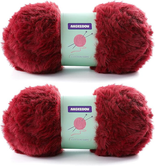2 Skeins Luxurious Faux Fur Yarn - Soft, Fluffy and Bulky for Crocheting Amigurumi, Hats, Shawls; Velvet Textured, Total Length 71 Yards (Wine Red)