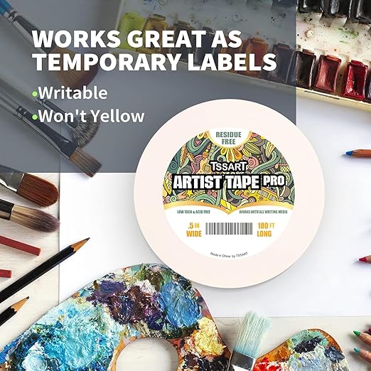 White Artist Tape Pro - Low Tack Masking Artists Tape for Drafting Art Watercolor Painting and All Paper Media - Acid Free 1/4inch Wide 180FT Long