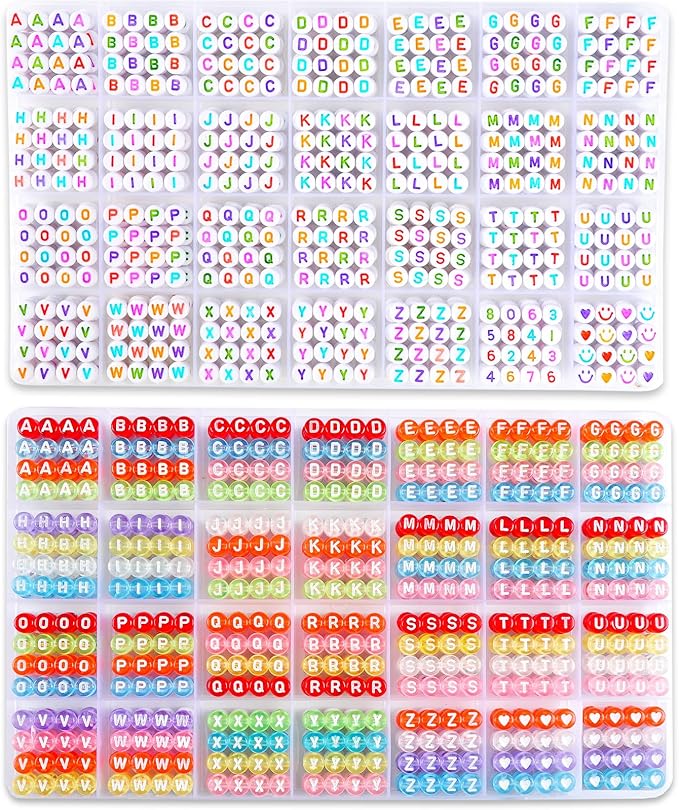 1900+ PCS Letter Beads, 2 Box Set Alphabet Beads for Bracelets, Round Number & Heart, 5m Elastic String Jewelry Making Kit, Ideal for Friendship Bracelets (White Color+Transparent Color)
