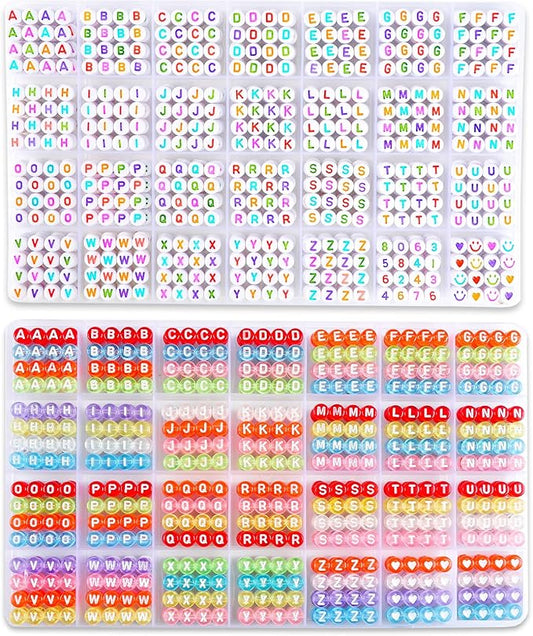 1900+ PCS Letter Beads, 2 Box Set Alphabet Beads for Bracelets, Round Number & Heart, 5m Elastic String Jewelry Making Kit, Ideal for Friendship Bracelets (White Color+Transparent Color)