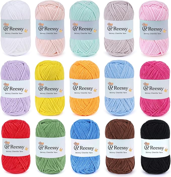 Skinny Chenille Yarn Pack – 15 Skeins Multi-Color Edition(1.76oz/50g Each, 15 Colors, Total 2,370yd) – Multi Color Skinny Chenille Yarn kit CYC#2 – Crochet Starter Kit for Toys, Baby Blanket