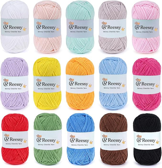Skinny Chenille Yarn Pack – 15 Skeins Multi-Color Edition(1.76oz/50g Each, 15 Colors, Total 2,370yd) – Multi Color Skinny Chenille Yarn kit CYC#2 – Crochet Starter Kit for Toys, Baby Blanket