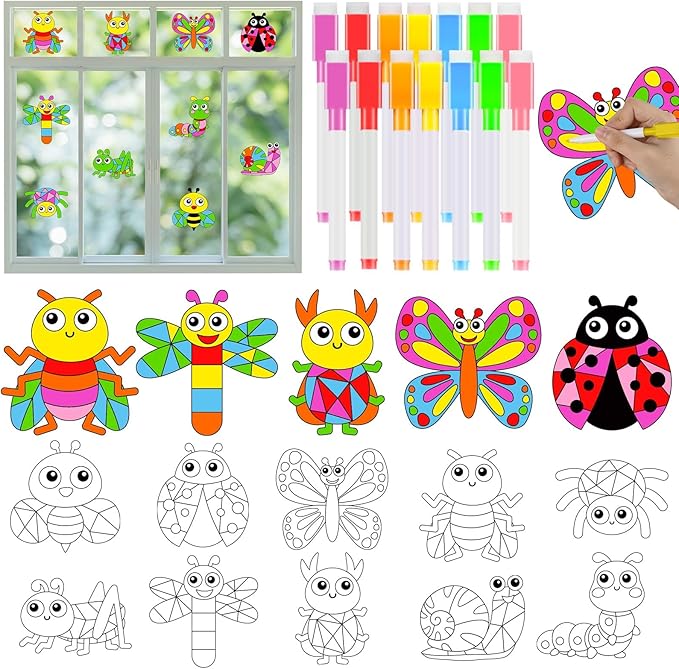 Qyeahkj 30PCS Spring Insect Suncatchers for DIY Bug Butterfly Bee Window Cling Sticker Painting Craft Kit Spring Art Project Hobby Gifts for Home Decor Activities