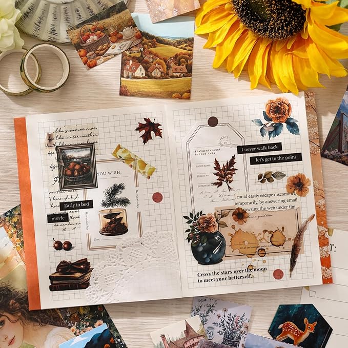 Cullevo Retro Scrapbooking Kit – Old Time Dream Edition, 124 PCS Vintage Scrapbook Supplies with Washi Tape, Floral Stickers, A6 Grid Notebook for DIY Bullet Journaling & Planner Crafts Gift