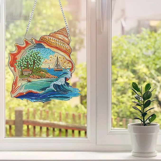 MAXBYE Diamond Art Kits Hanging Ocean Conch Pendant, DIY 5D Special Shaped Diamond Painting Craft Gem Art Rhinestone for Adults and Home Window Door Decor 8×8 Inch