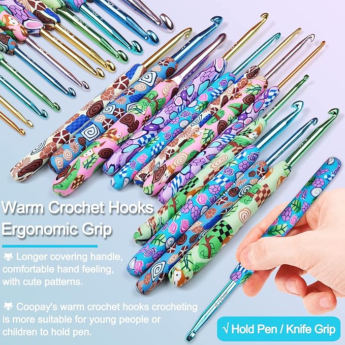 Coopay Complete Crochet Hooks Set for Beginners, 2.25mm-8mm Crochet Hook, Ergonomic Crochet Hooks for Arthritic Hands, Cute Animal Print Comfort Grip, Crochet Needles for Blankets Dolls, Crochet Gifts