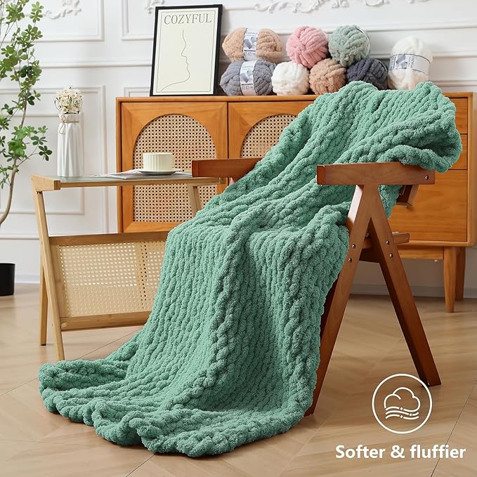Chunky Yarn for Hand Knitting - #10 Chunky Chenille Yarn, Jumbo Big Thick Chunky Yarns for Crocheting, Super Bulky Chunky Knit Blanket Yarns, 8 Skein (25yds 8oz Each Skein), Misty Jungle Green