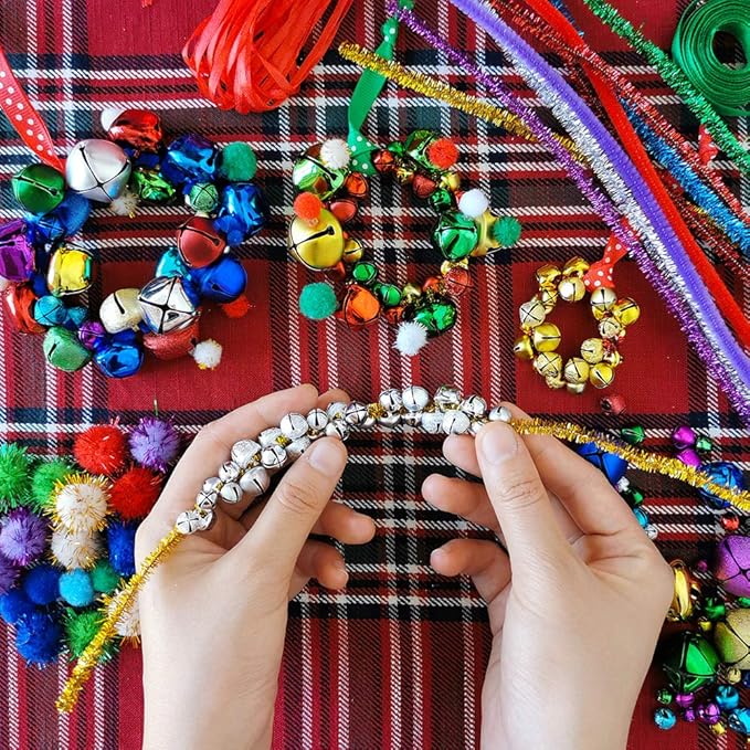 Winlyn 475 Set Christmas Jingle Bell Wreath Christmas Tree Ornaments Craft Kit Jingle Bell Metallic Chenille Stems Glitter Pom-Poms Ribbon Assortment for Kids Holiday Xmas Bracelets Necklaces Artwork