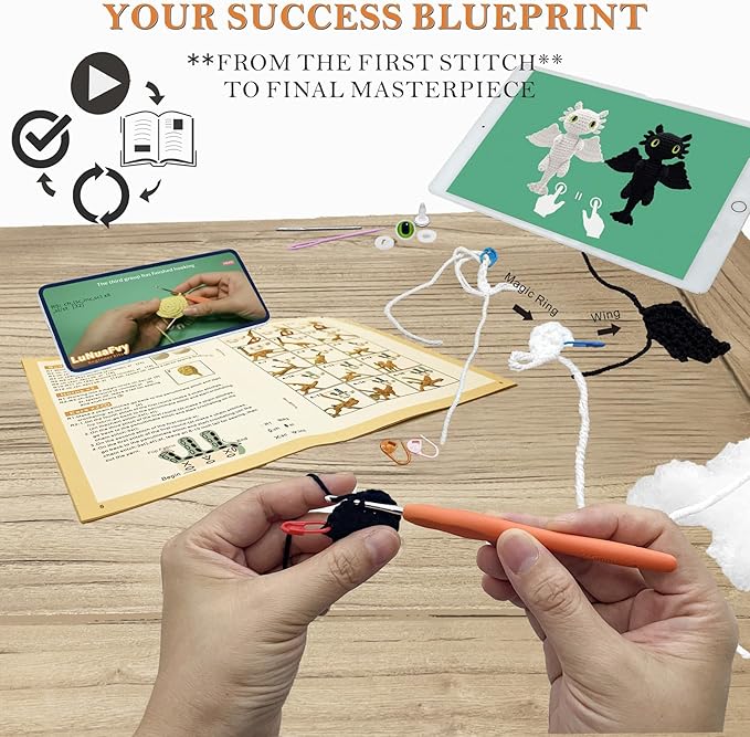 lunuafvy crochet kit for beginner adult/teen/kid 9+ - learn to crochet animal amigurumi dragon set with left/right-handed 4hr video, 3-format guides, gift-ready packaging, soft yarn & storage bag