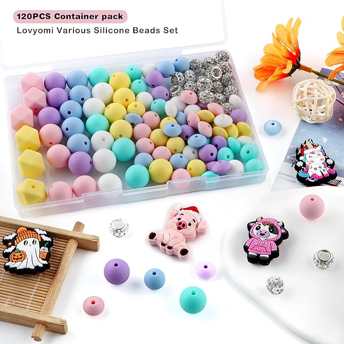 120Pcs Multicolor 12mm 15mm Silicone Beads for Keychain Making, 14mm Hexagon Beads Rhinestone Round Spacer 10mm for DIY Handicrafts(Warm)