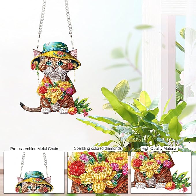 AiYuanzsh 5D Animal Cat Diamond Painting Kits Hanging Pendants Wall Art Point Drill Crystal Diamond Art Window Pendants Home Garden Wall Door Birthday Easter Day Festival Gifts