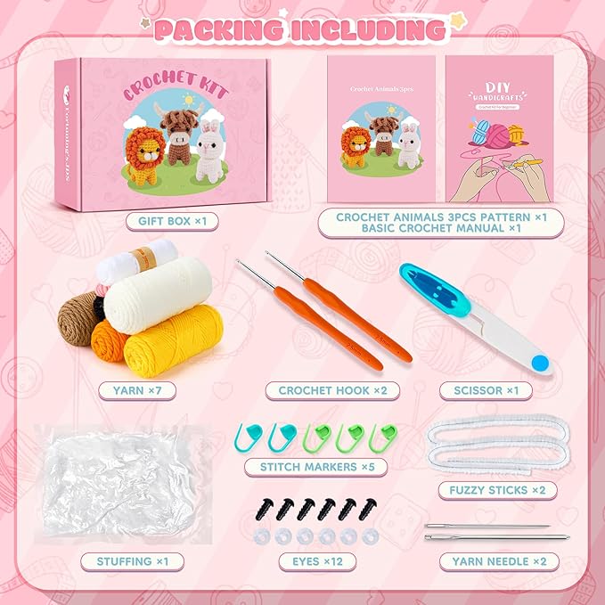 fortuning's jds crochet kit for beginners, amigurumi crochet animal kits, crocheting kit for starters adult with step-by-step video tutorials, animal kits with highland cow, lion, bunny