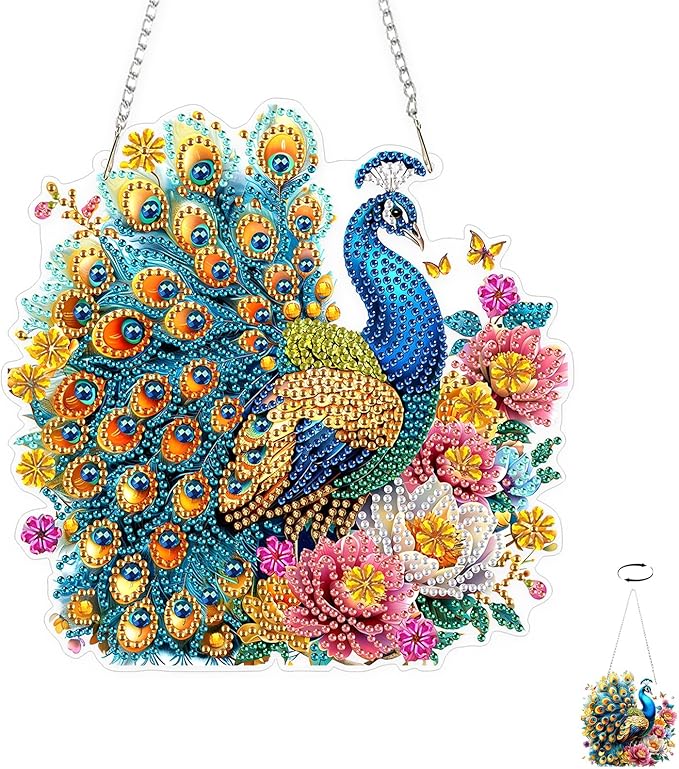 TOSTOG Flower Peacock Diamond Art Pendant Kit for Adult, Elegant Diamond Painting Hanging Kit for Beginners, 5D DIY Crafts Gem Art, Waterproof Full Accessories for Home Decor Idea 20 * 20 cm/8 * 8 in