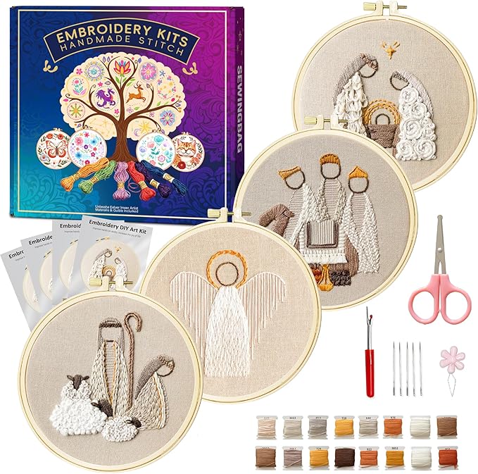 Huacan Embroidery Kit for Adults Beginner - Embroidery Kits for Adults Beginner 4 Pcs Stamped Religion Pattern, Hand Stitching Kit Art Craft, DIY Sewing Kit with Box 7.9 x 7.9 Inch