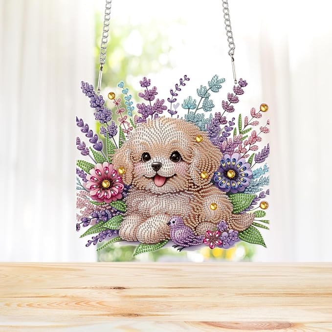 AiYuanzsh 5D Diamond Painting Hanging Pendant Kit with Chain, Cute Dog DIY Crystal Rhinestone Diamond Art Suncatcher Ornament for Window, Door, Wall, Home Decor Gift (25.2x23.8 cm)