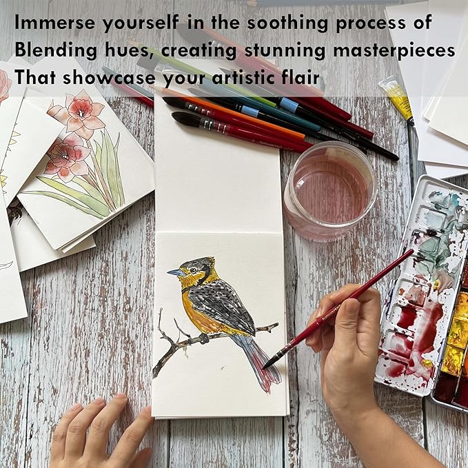 tumuarta Watercolor Coloring Book, 20 Unique Designs, 5x7”, 100% Cotton, 300GSM, 140 LB, Cold Press, Acid Free Watercolor Paper, Glue Bound Mixed Media Sketch Book Birds