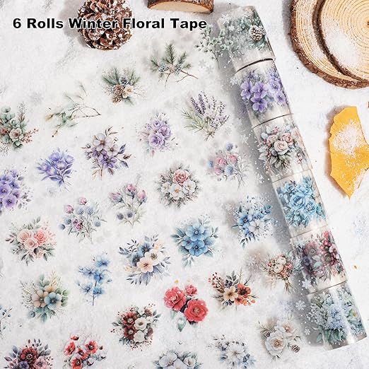 6-Roll Winter Floral PET Tape Set, Pre-Cut Transparent Waterproof Flower Sticker Rolls for Scrapbooking, Journals, Planners, DIY Crafts, Cards and Gift Wrapping