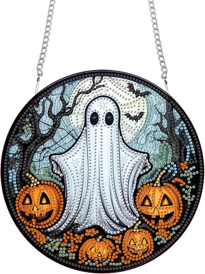 Bimkole Ghost Diamond Art Hanging Kit for Adult, DIY 5D Diamond Art Halloween Window Pendant, Acrylic Crystal Art Hanging Ornament Home Wall Garden Front Door Sign Outdoor Decor 7.8x7.8 Inch
