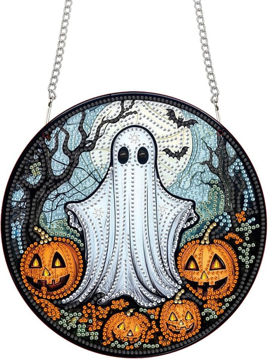 Bimkole Ghost Diamond Art Hanging Kit for Adult, DIY 5D Diamond Art Halloween Window Pendant, Acrylic Crystal Art Hanging Ornament Home Wall Garden Front Door Sign Outdoor Decor 7.8x7.8 Inch