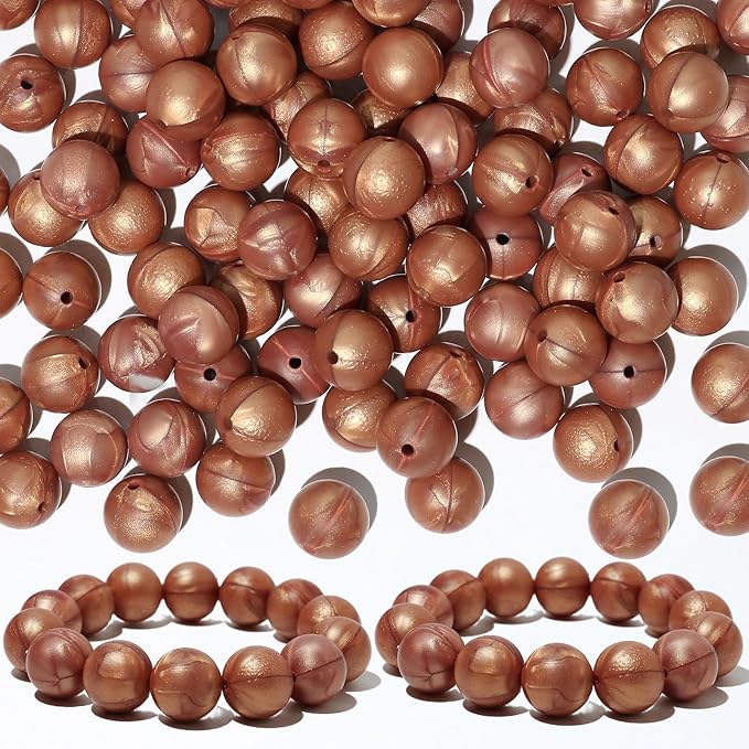 120pcs Richbunnys 15mm Bulk Silicone Beads for Pens and Keychain Making,Large Bead for Necklace and Bracelets Making,Assorted Rubber Beads Set（Pearlescent Copper）