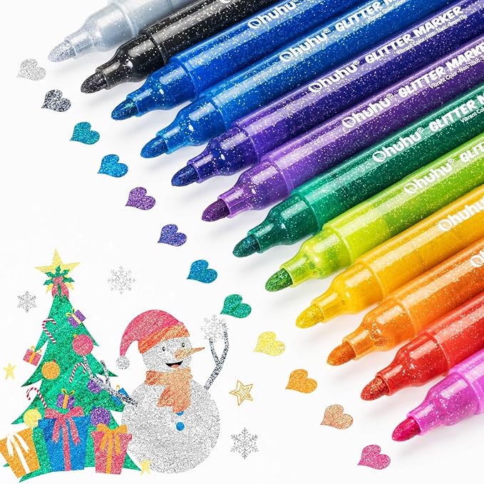 Ohuhu Glitter Markers Pen: 12 Glitter Colors Metallic Shimmer Marker Round Tip Water-based Ink for Kids Adults DIY Crafts Greeting Birthday Cards Making Mugs Wood Medium Tip 3.0mm