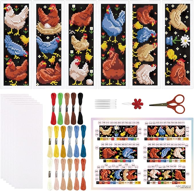ORIGACH 6 Set Chicken Cross Stitch Bookmark Kit for Beginner with Backing Felt Floss Instructions DIY Stamped Embroidery Bookmark Kit for Adults, Book Lovers
