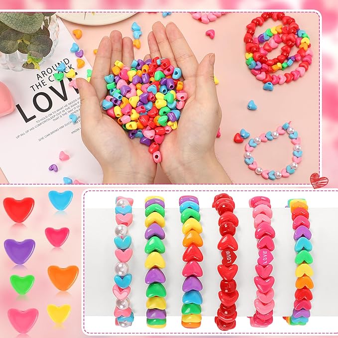 UPINS 1200Pcs Heart Beads, Valentine's Beads for Crafts Jewelry Making Bracelets Beads for Valentine's Party Christmas (600 Large and 600 Small)