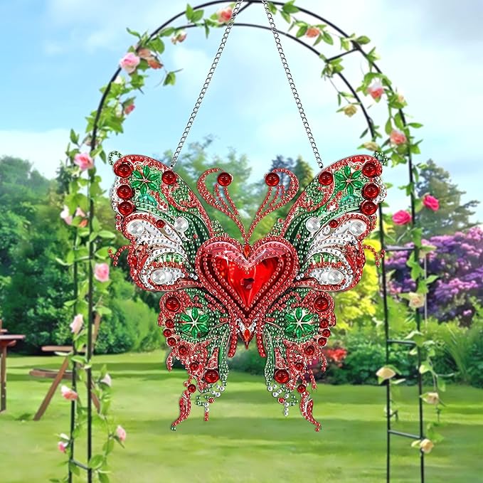 LOMSIOY Diamond Art Hanging Kit for Adult, Butterfly Front Door Sign Window Hanging for Outdoor, Animal Double Sided Summer Decor Suncatcers for Porch, Pendants for Garden Wall （8x8 Inch
