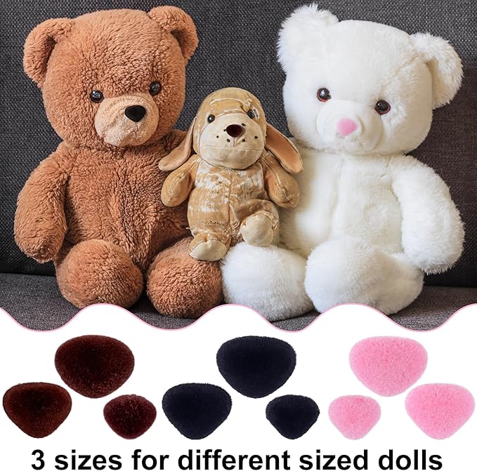 CustomyLife 36pcs Safety Noses for Amigurumi, 3 Sizes Plastic Craft Doll Noses with Washers, Flocking Stuffed Noses for Crochet Puppet Plush Toy Accessories- Black & Pink & Brown