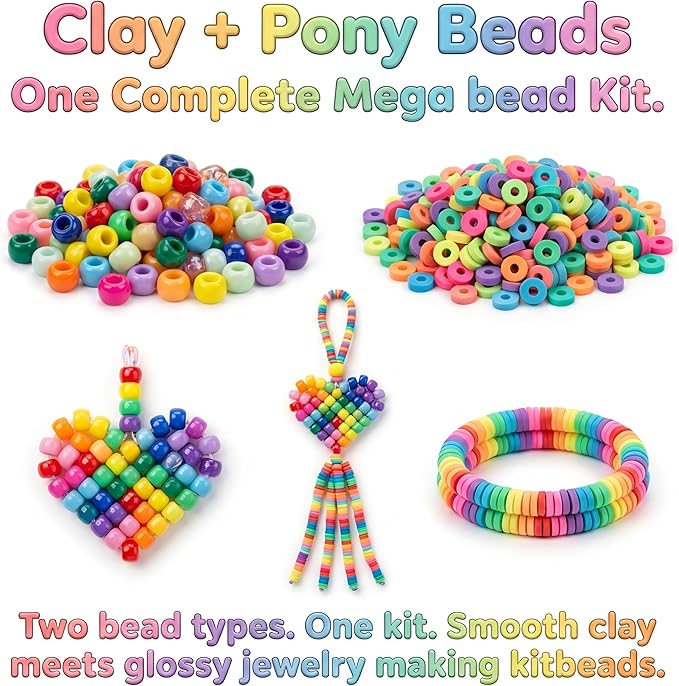Jewelry Making Kit, 6000 PCS Complete Polymer Clay & Pony Beads Bracelet Kit, 24 Colors, 4 Alphabet Letter Sets & Charms, Organizer Box for DIY Jewelry, Gift for Girls Ages 6–12