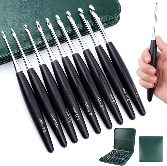 Hobekoee Inline Crochet Hooks Set 9 Sizes 3.5mm(E)-8mm(L) Wooden Handle Crochet Hooks Set with Case,Ergonomic Grip for Arthritic Hands