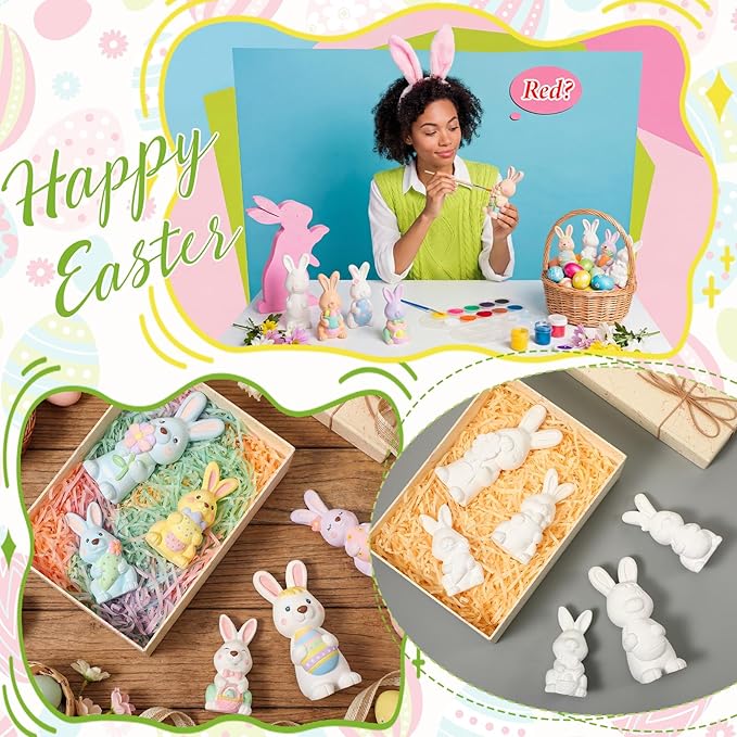 Zubebe 6 Pcs Easter Ceramics to Paint Bunny Kits Ready to Paint Your Own Easter Bunny Figurines 5.1 Inch 3D Unpainted Blank Ceramics with Brush and Palette Rabbit Statues for Craft (Simple Style)