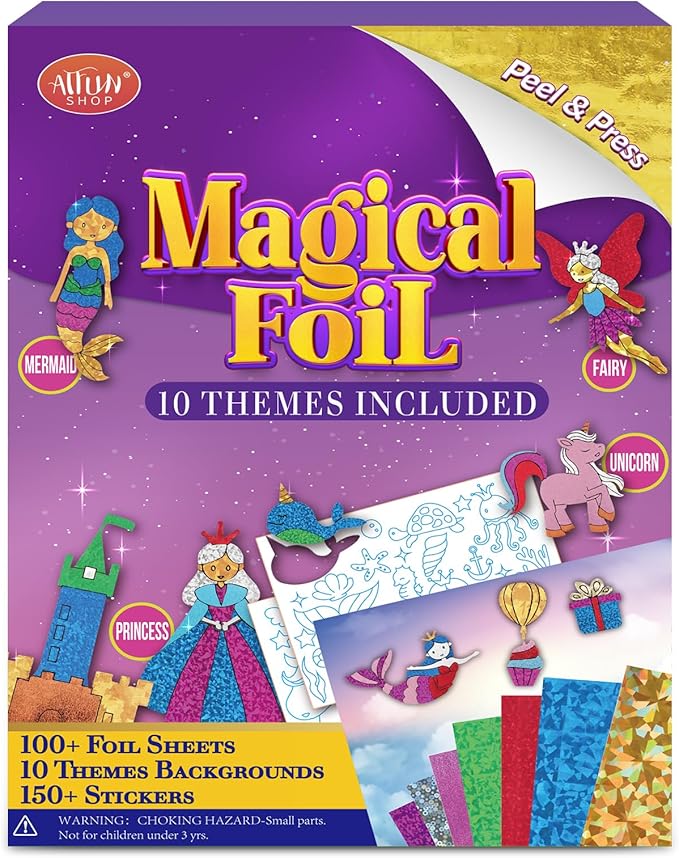 atfunshop magical foil art princesses unicorn mermaid & fairy - no mess foil craft kit for kids ages 4 5 6 7 8 9 fun creative diy activity, ideal birthday gift for girls