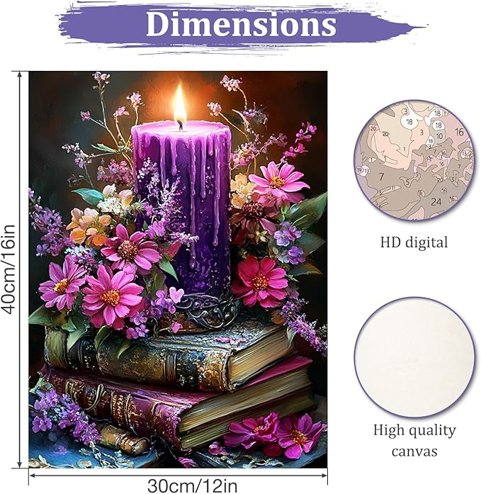 MAXBYE Books Paint by Number, Candlelight Flower Adults' Paint by Number Kits, DIY Acrylic Paint Kit for Adults Beginners Unframed, Easy Oil Paint by Numbers Canvas for Home Wall Decor 12x16inch