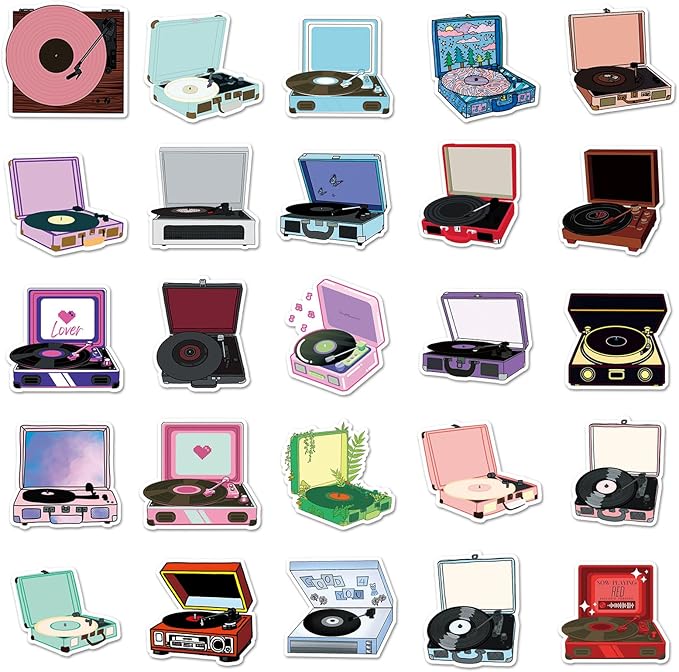 Retro Record Player Stickers for Scrapbooking,50 Pcs Vintage Vinyl Player Decals, Waterproof Vinyl Stickers for Journals, Laptops, Home Decor, Ideal for Music Lovers Adults(Record Player)