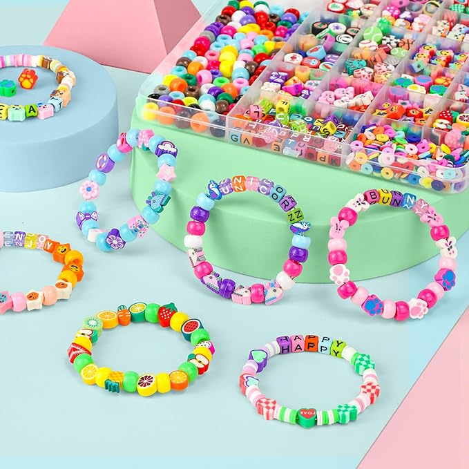 Gionlion 1200 Pcs Polymer Clay Beads Bracelet Making Kit Easter Basket Stuffers, 25 Style Animal Fruit Flower Butterfly Bunny Pony Letter Beads Charms for Jewelry Making, DIY Art and Crafts Toys Gifts