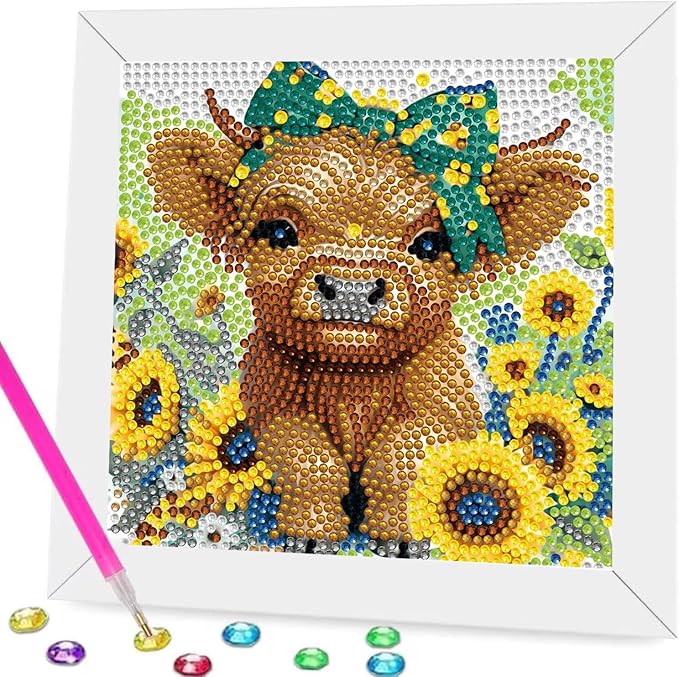BYGFHLYW Cow Diamond Painting Kit for Kids with Frame, Animals Diamond Art for Kids Ages 8-12, Full Drill Cute Diamond dot Big Gem Art Kits for Children Beginners Home Wall Art Decor 7X7 inch