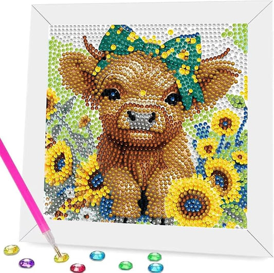 BYGFHLYW Cow Diamond Painting Kit for Kids with Frame, Animals Diamond Art for Kids Ages 8-12, Full Drill Cute Diamond dot Big Gem Art Kits for Children Beginners Home Wall Art Decor 7X7 inch