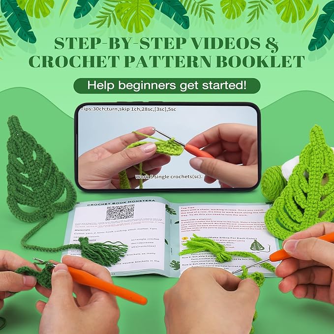 Crochetta Crochet Kit for Beginners, Amigurumi Crocheting Animals Kits w Step-by-Step Video Tutorials, Knitting Starter Pack for Adults and Kids, 2 Book Monstera Familly (40%+ Yarn Content)