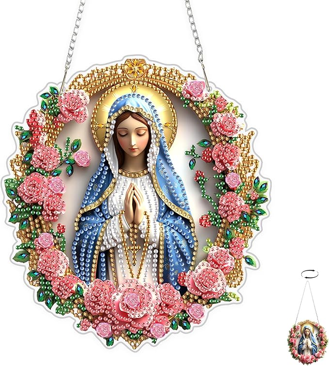 TOSTOG Diamond Art Hanging Kits for Adults, Virgin Mary Diamond Painting for Adults Window Pendant, Flower Special Shape Diamonds Diamond Painting Hanging Pendant Kit for Wall Home Decor Gift
