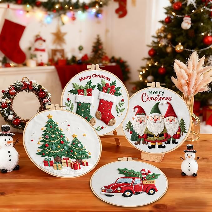 LGLRTD Christmas Embroidery Kits, 4 Sets Embroidery Kits for Beginners, Cross Stitch Kits for Adults with Pattern, Needles, Threads, Tools, DIY Needlepoint Craft Kit, 6 inch (Christmas)