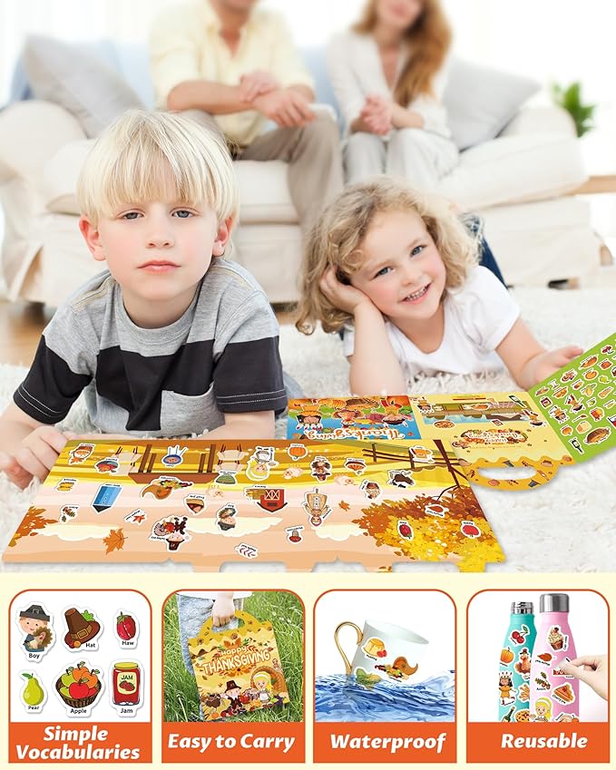walenced reusable sticker book for toddlers, stickers for kids, toddler sticker book, toddler craft activities, toddler travel toys ages 3 and up boy girl birthday gifts - thanksgiving