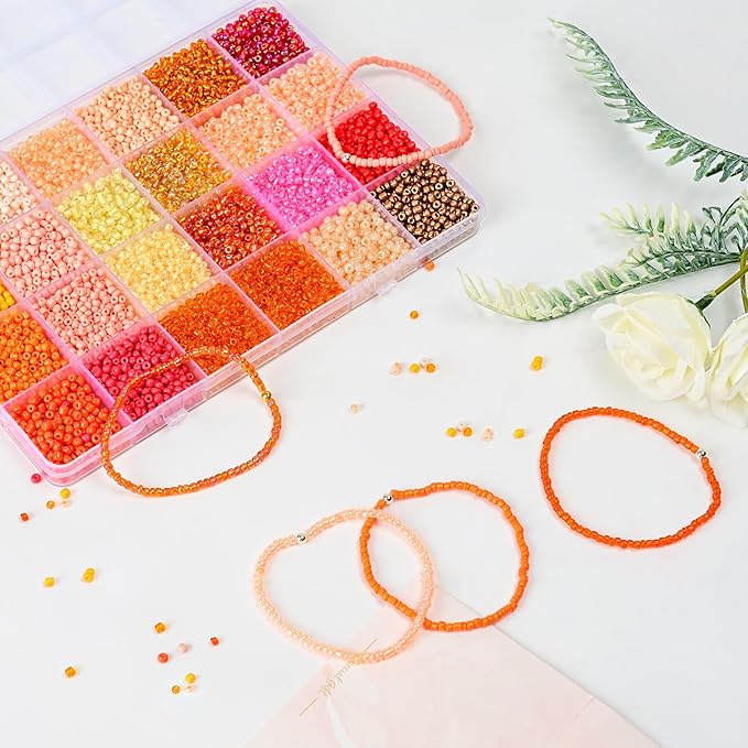 Vtssvow 3mm Glass Seed Beads for Bracelets Making, 24 Colors 10000pcs Friendship Bracelet Making Kit, Small Glass Beads for Jewelry Making (Mix 24 Color, Orange)