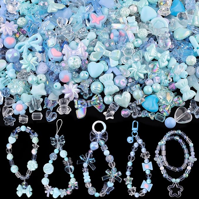 200-260pcs tinkrstuff assorted acrylic beads blue cute beads for bracelet making, bow aesthetic gummybear flower candy butterfly kawaii charms for jewelry making diy necklace keychain phone charm