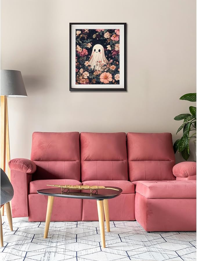 Cawpom Ghost Paint by Number, Halloween Ghosts Paint by Numbers Kit for Adults, Ghost Surrounded by Pink Flowers Poster, Acrylic Painting for Holiday Gift Home Decor(16x20inch, No Frame)
