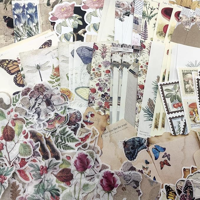 Gorofit Retro Scrapbook Supplies Kit, 200 Sheets of Mixed Natural Color Paper and Sticker Pack, Used for Diaries, Scrapbooks, Crafts, Collages, Murals, Bullet Diaries (Plants and Butterflies)