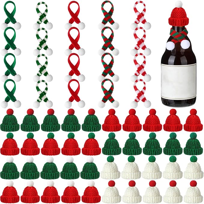 60 Pcs Mini Christmas Knit Hat and Scarf Set, Santa Christmas Tree Ornaments, Cup Bottle Xmas Doll Crafts for DIY Craft Art Decoration (Bright Color)