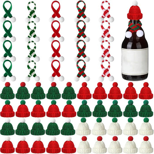 60 Pcs Mini Christmas Knit Hat and Scarf Set, Santa Christmas Tree Ornaments, Cup Bottle Xmas Doll Crafts for DIY Craft Art Decoration (Bright Color)