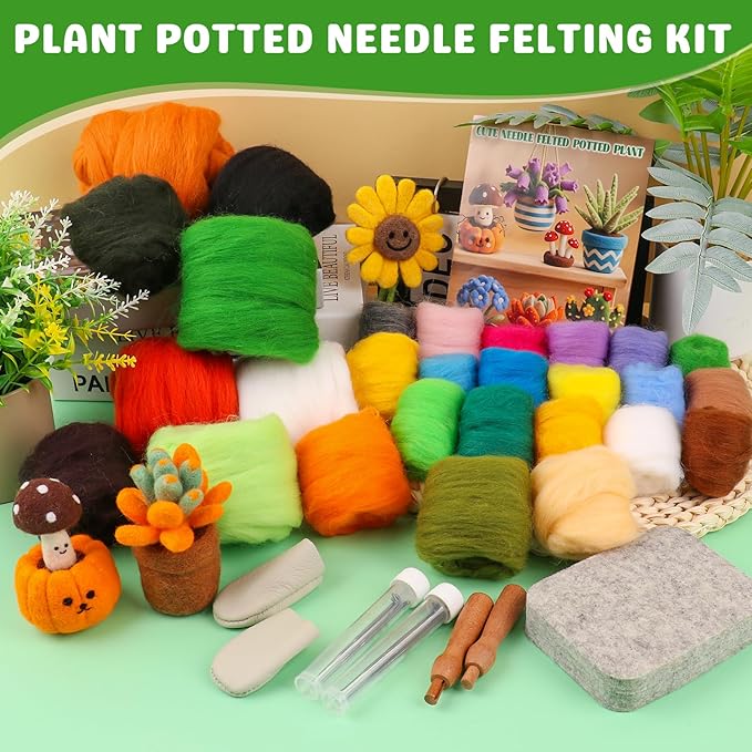 Needle Felting Kit for Beginners, 28 Colors Wool Roving DIY Succulent Plants Craft Set with Felting Needles, Pad & Tools, Wool Felt Kit for Mini Potted Plants Home Decoration & Christmas Gift